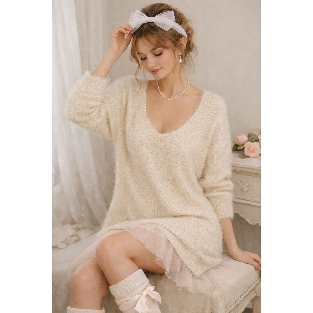 GB Cream Fuzzy Eyelash Balletcore Sweater Dress L Soft Girl Stretch Nylon Cozy